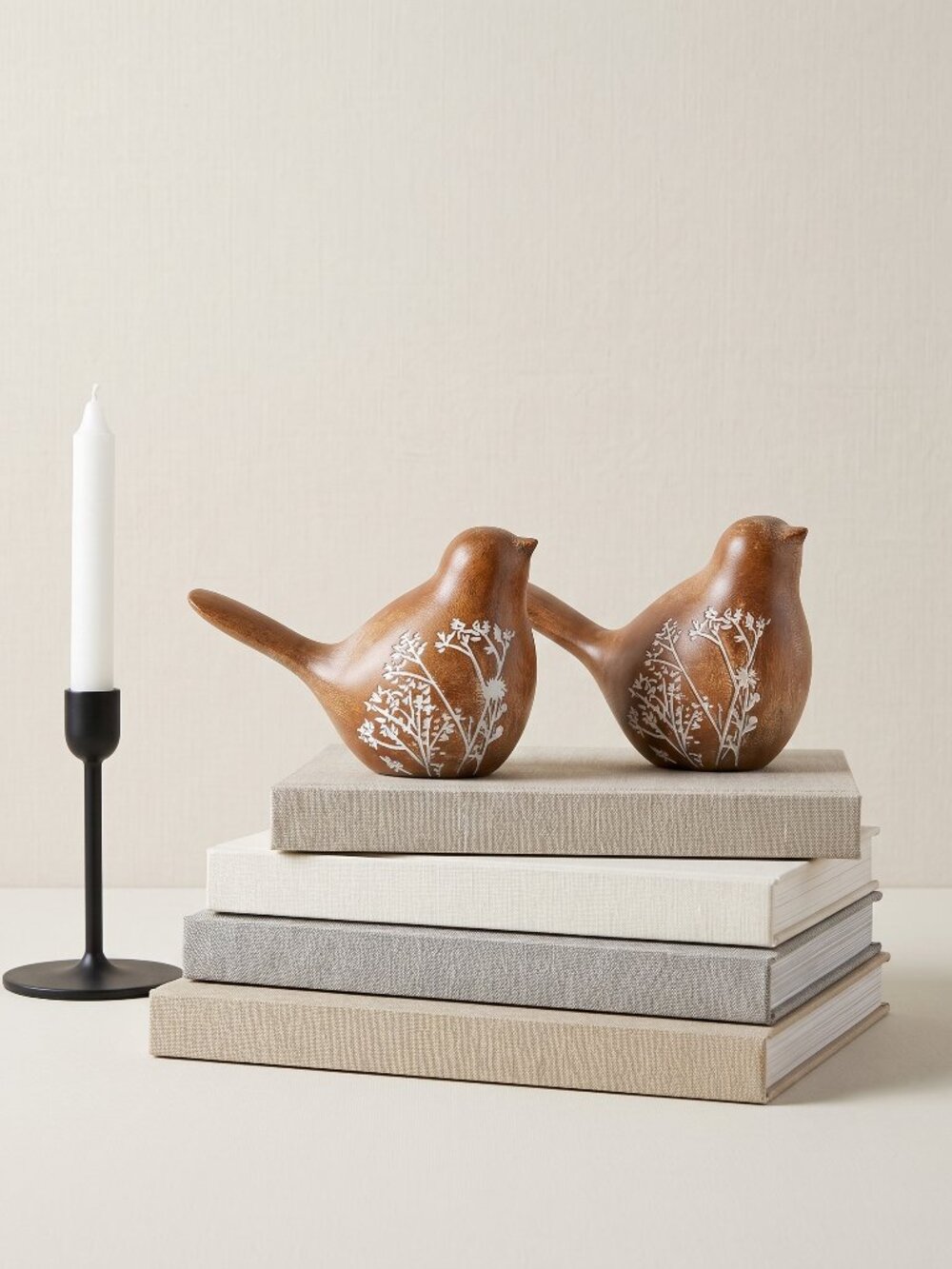 2 Melrose International Floral Etched Bird Figurines w/Wood Grain Design